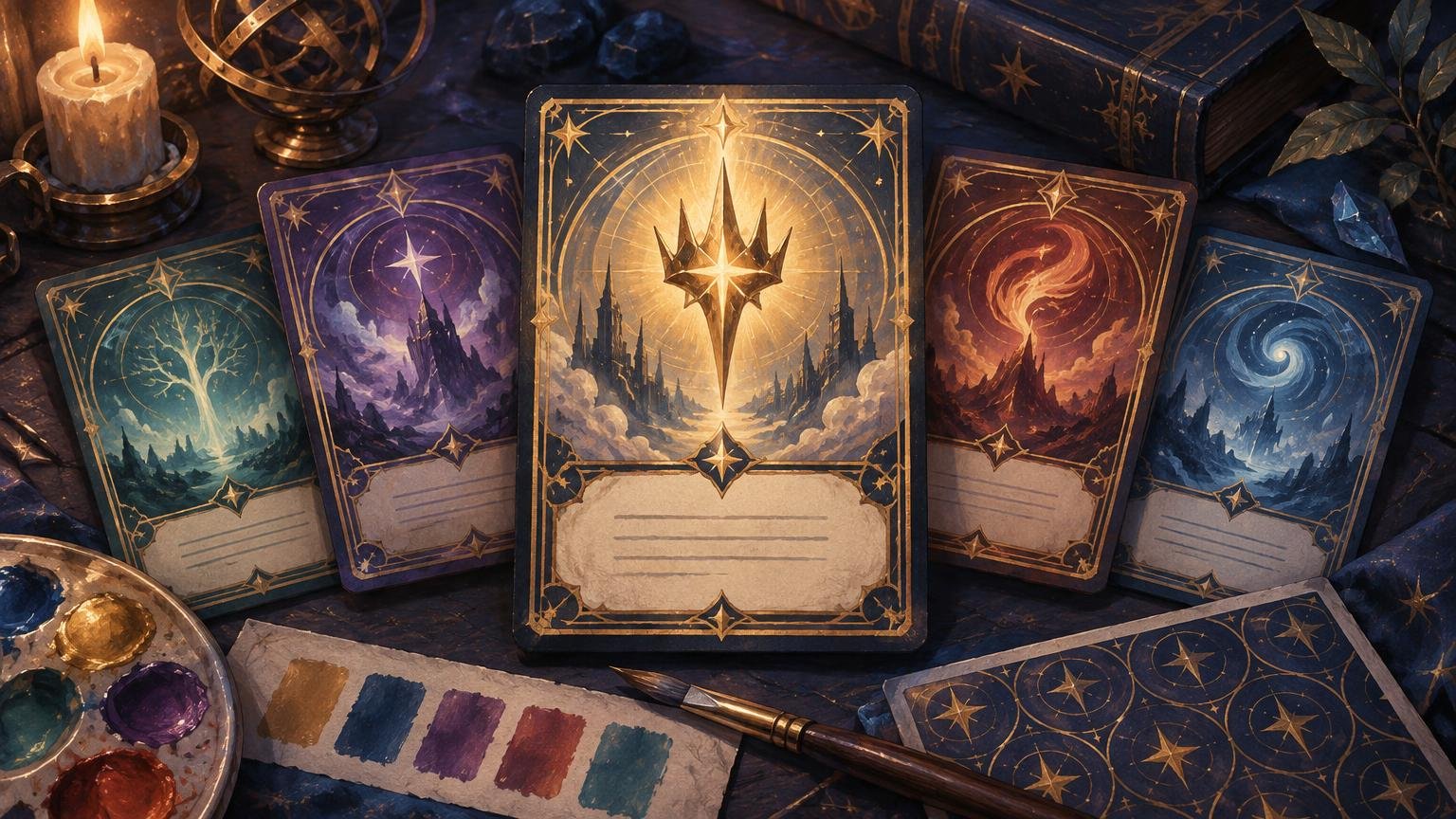 Painterly fantasy scene of five ornate, blank-faced emblem cards arranged beside a candle, paint palette, brush, astrolabe, and star-patterned books, with each card using a different elemental landscape and a shared gold border design.