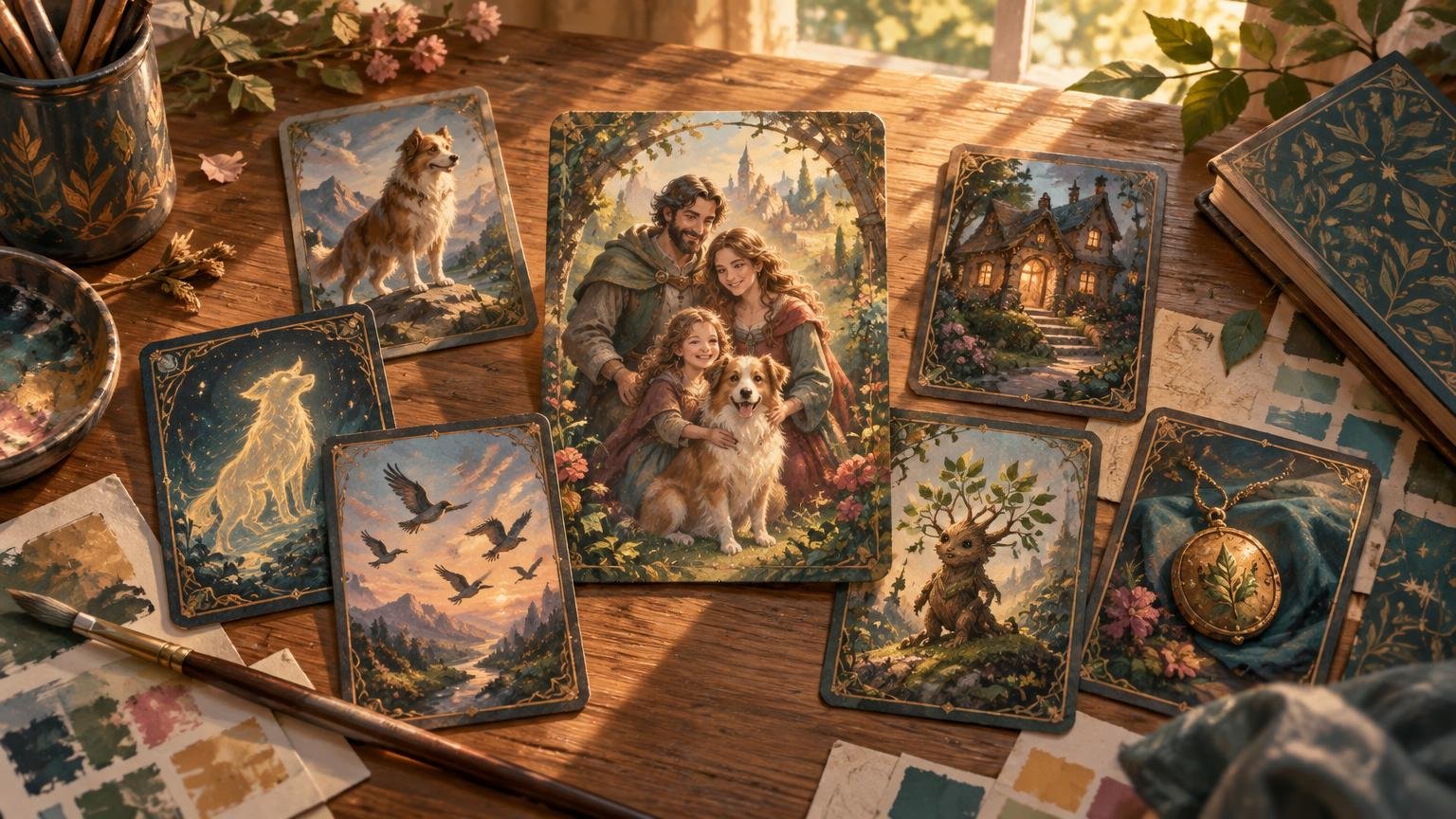 Warm painterly tabletop scene showing a coordinated set of ornate fantasy-style cards: a central portrait of two adults, a child, and a dog, surrounded by cards featuring a dog, cottage, glowing fox-like figure, flying birds, small woodland creature, and leaf pendant. Paintbrushes, paint swatches, flowers, and a stack of patterned cards sit on the wooden table in sunlight.