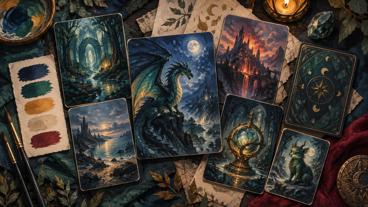 Overhead painterly fantasy workspace with several illustrated card-sized prints—a dragon, forest archway, volcanic citadel, coastline, glowing artifact, and small fox-like creature—arranged around paint swatches, brushes, parchment, leaves, crystal, candlelight, and a dark patterned card back.
