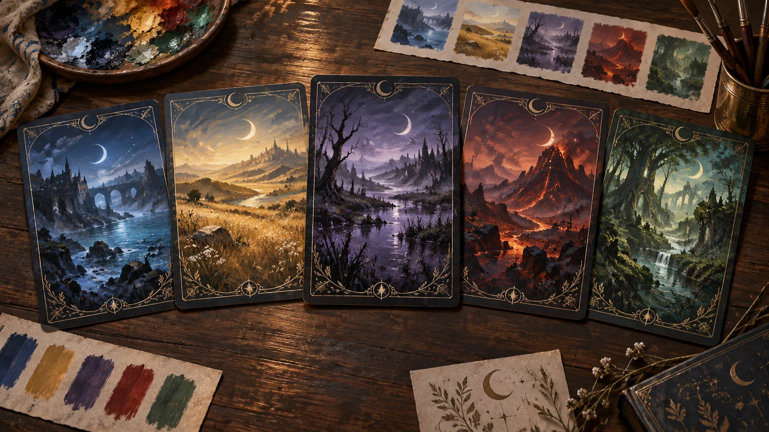Overhead view of five matching fantasy landscape cards on a wooden painting table, each with a dark border, gold botanical decoration, crescent moon motif, and a distinct scene of coast, plains, marsh, volcano, or forest. Paint palette, brushes, color swatches, and small landscape studies surround them.
