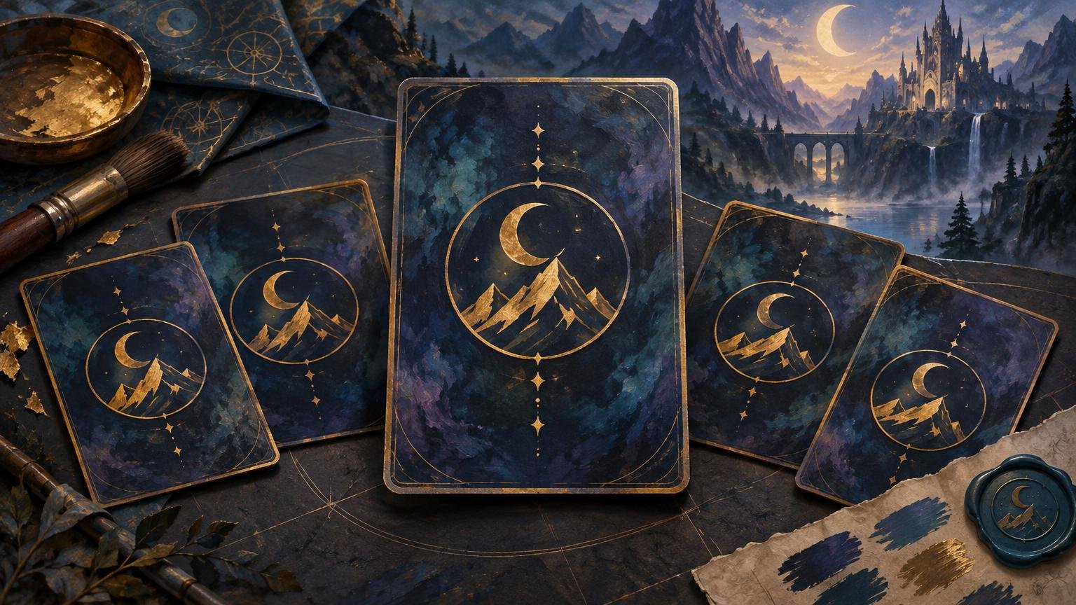 Painterly fantasy arrangement of dark blue, gold-trimmed card backs featuring a crescent moon and mountain emblem, surrounded by brushes, paint, patterned paper, and a moonlit mountain castle landscape.