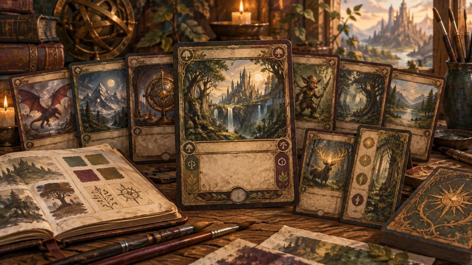 Warmly lit fantasy art workspace with a fan of ornate, aged-looking blank trading-card-style frames featuring painted dragons, forests, a castle, a goblin-like figure, and a stag, alongside brushes, pigments, books, candles, and a card deck.