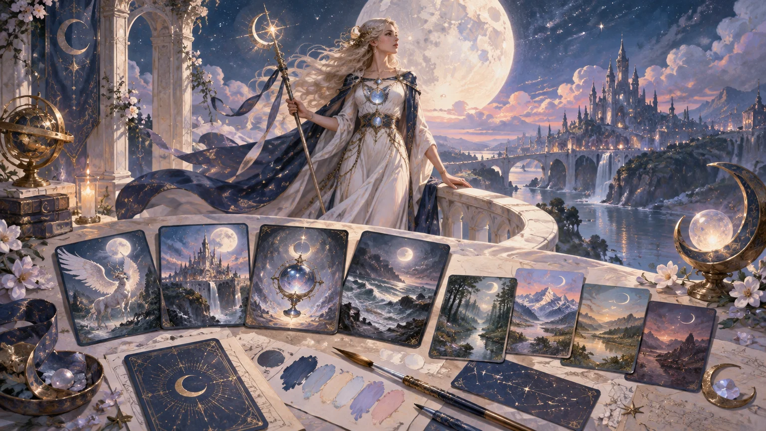 Painterly fantasy scene of a blonde moon mage holding a crescent-topped staff before a huge full moon and distant castle, with a table of moon-themed card-sized art samples, brushes, paint swatches, and celestial ornaments in the foreground.