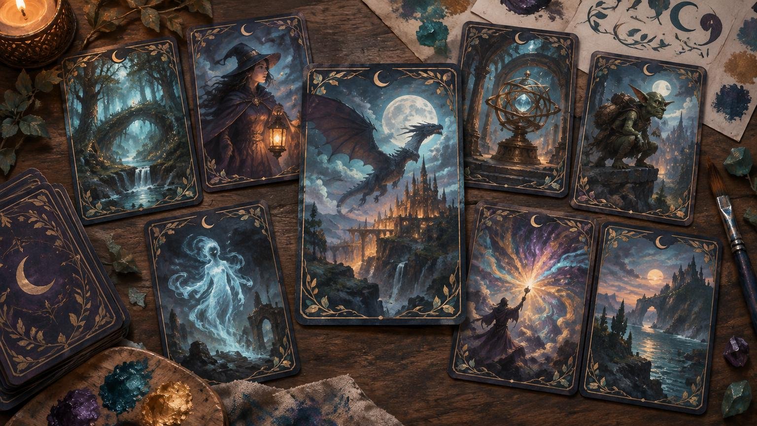 Overhead view of a coordinated set of dark, moonlit fantasy art cards on a wooden table, featuring a dragon, wizard, goblin, spirit, enchanted forest, arcane device, and glowing landscapes, with paint supplies and crystals nearby.