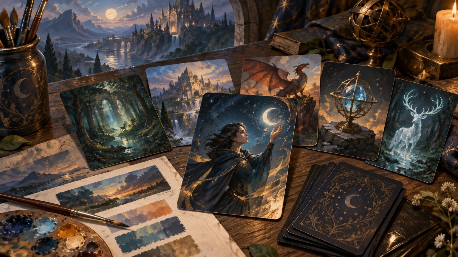 Painterly fantasy card-art project spread with illustrated cards, paintbrushes, color studies, a palette, and a moonlit castle landscape on a wooden desk.