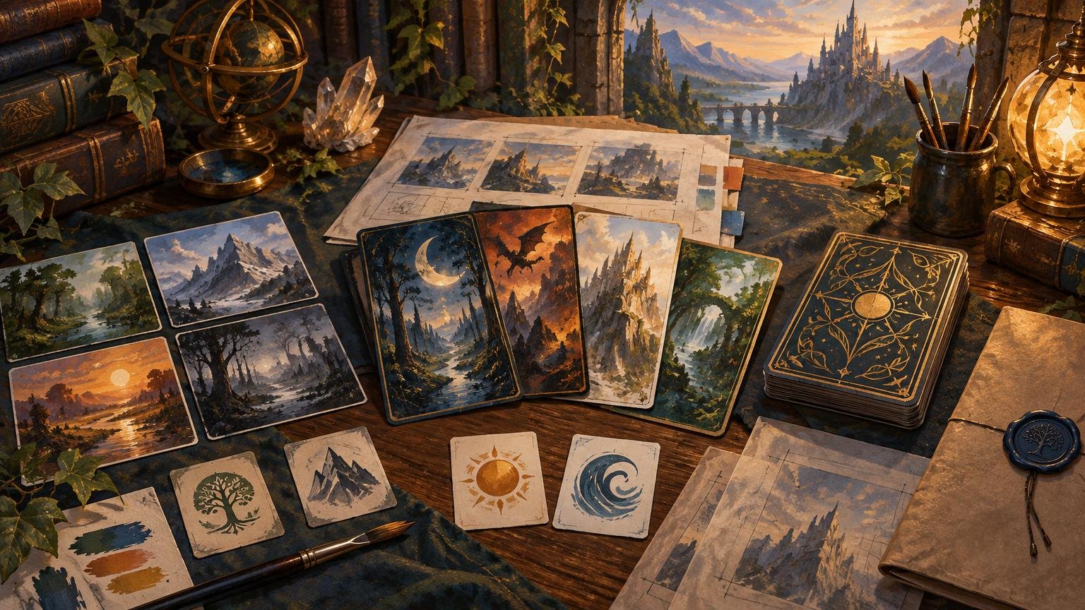 Painterly fantasy worktable with illustrated card-sized samples, a deck of ornate-backed cards, landscape art studies, paintbrushes, books, crystals, and a mountain citadel visible through a window.
