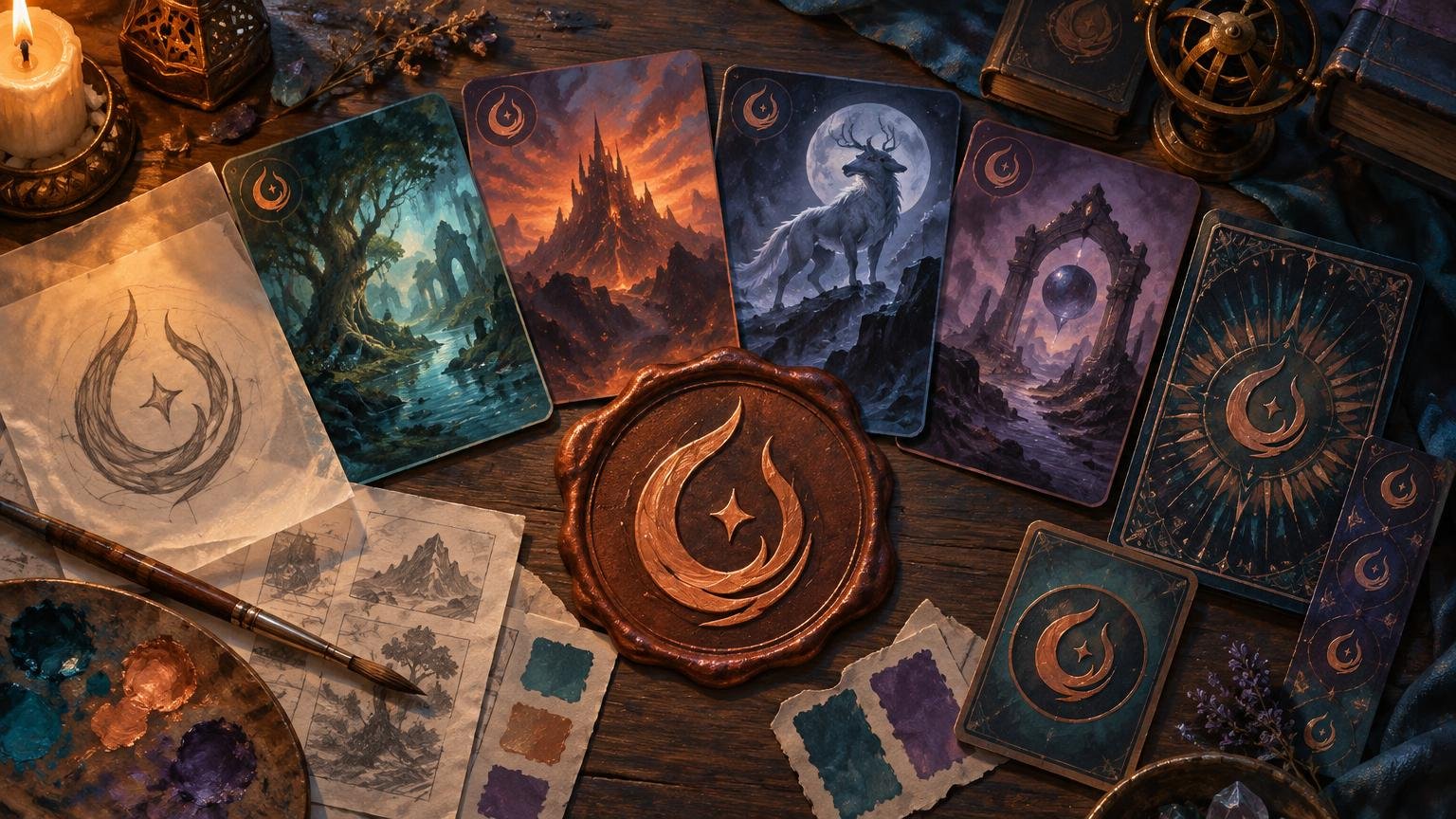 Painterly overhead scene of a fantasy card-design workspace with illustrated blank cards, a repeated crescent-and-star emblem, a central wax seal, paint swatches, sketch sheets, brush, candle, books, crystals, and an armillary sphere on a wooden table.