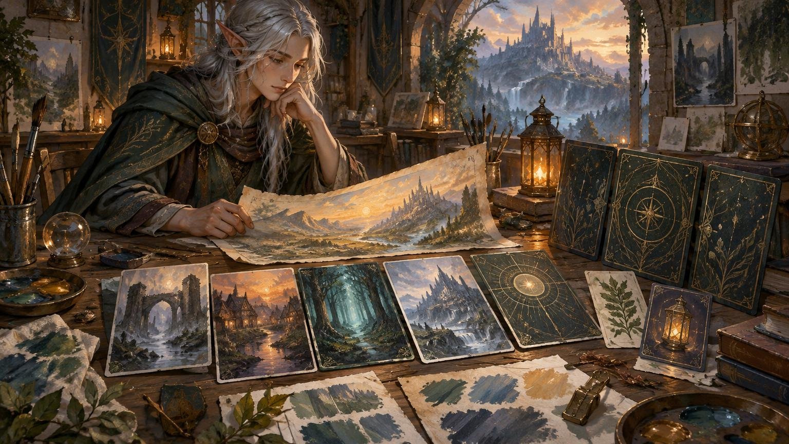 Painterly fantasy scene of a white-haired elf-like artist at a lantern-lit desk, surrounded by landscape art prints, blank decorative card backs, paint swatches, brushes, and a distant castle visible through an arched window.