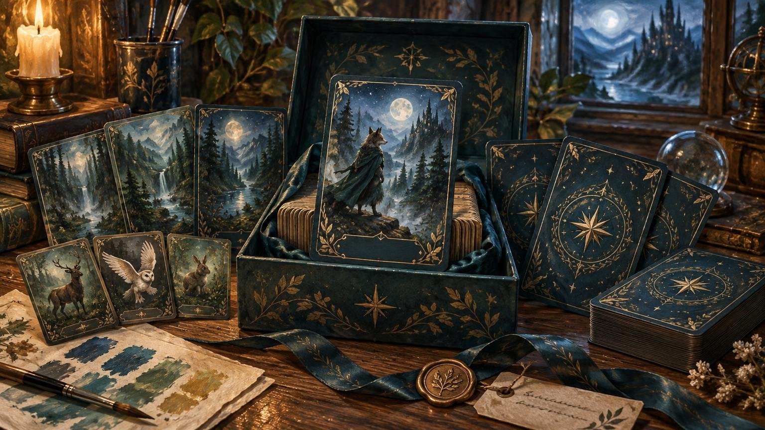 Painterly fantasy-themed card deck displayed in a dark teal decorative box, with moonlit forest creature cards, matching patterned card backs, paint swatches, brushes, ribbon, and a wax-sealed note on a wooden desk.