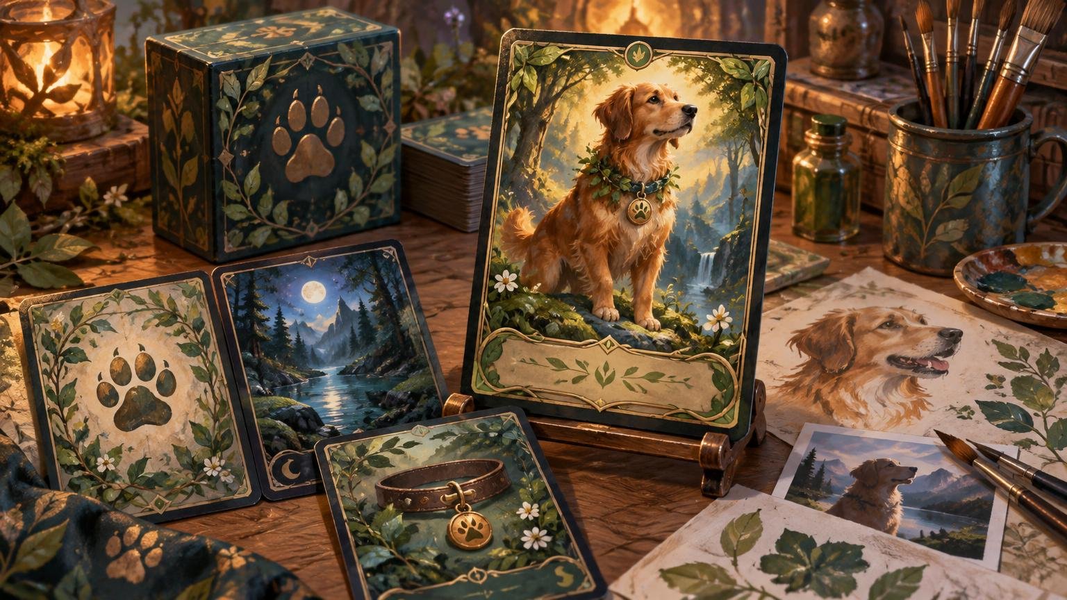 Warmly lit painter’s desk displaying a coordinated set of fantasy-style dog-themed cards, a decorated card box, paintbrushes, foliage motifs, and painted reference sheets featuring a golden retriever.